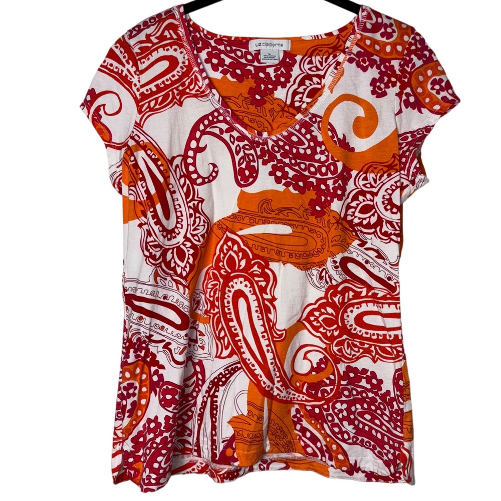 Liz Claiborne T-Shirt woman's size large paisley print red orange white v-neck